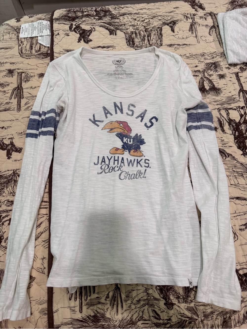 47 Brand Kansas Jayhawks White Long Sleeve Tee with Blue Stripes